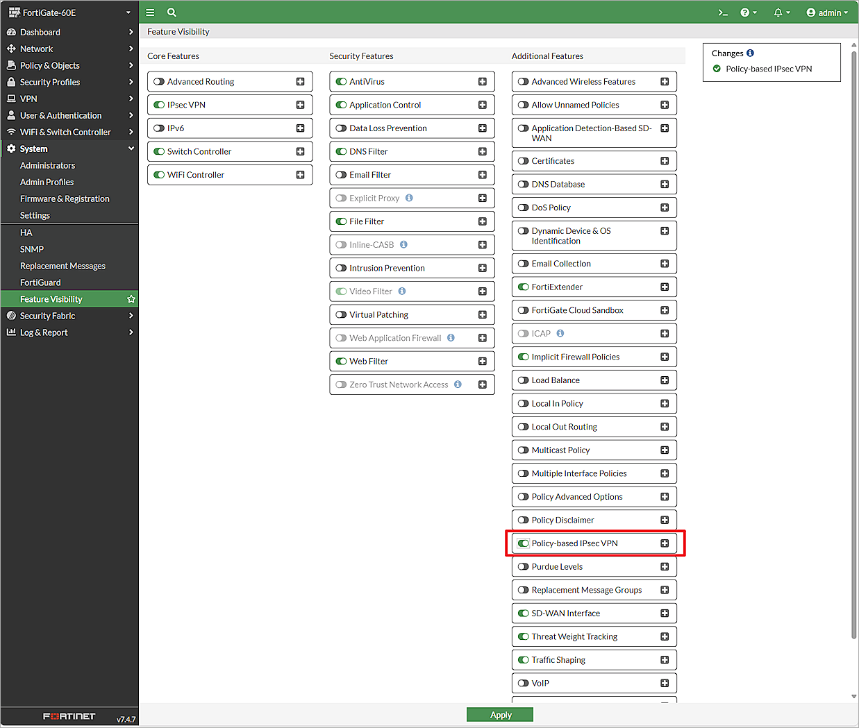 Screenshot of the Feature Visibility page with the Policy-Based IPsec VPN setting in the FortiGate Web UI